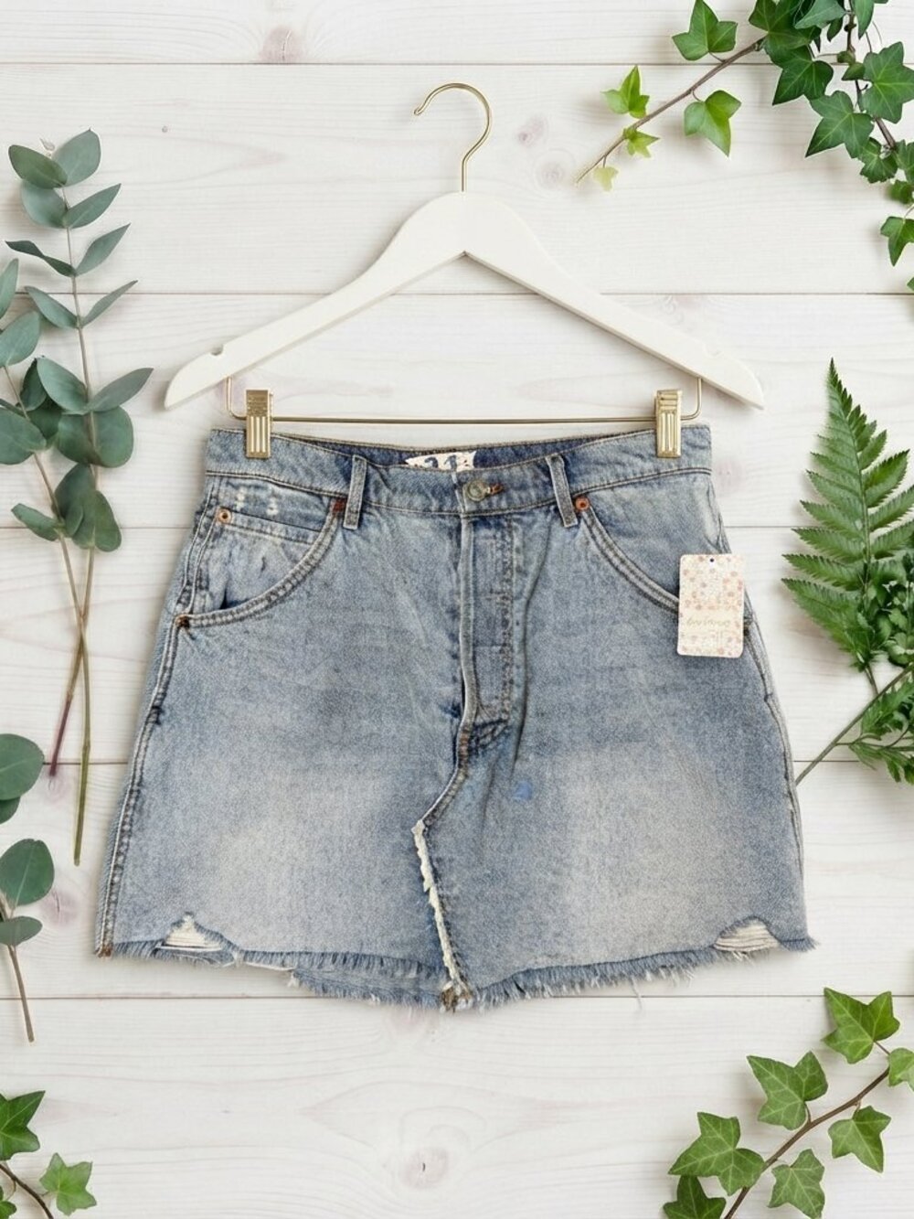 NWT Free People Denim Skirt Sz 31 Mile High Blue Distressed Jean Raw Hem $78